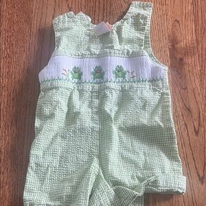 Charming Green Gingham Kids Bodysuit with Frog Embroidery